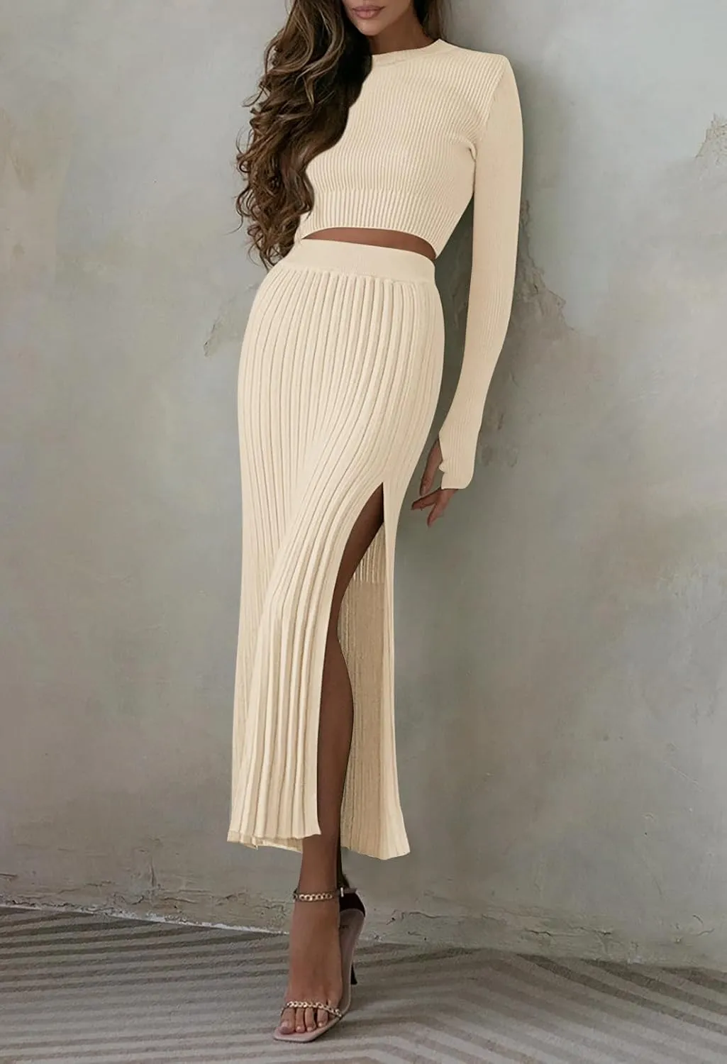 Duigluw Women 2 Piece Outfits Winter Long Sleeve Crop Top Bodycon Pleated Skirt Knit Sweater Dress Set