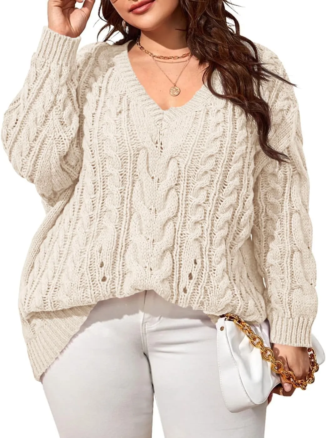 Dyexces Plus Size Sweaters for Women V Neck Long Sleeve Cable Knit Sweaters Casual Fall Sweaters Soft Jumper Tops