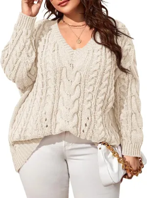 Dyexces Plus Size Sweaters for Women V Neck Long Sleeve Cable Knit Sweaters Casual Fall Sweaters Soft Jumper Tops