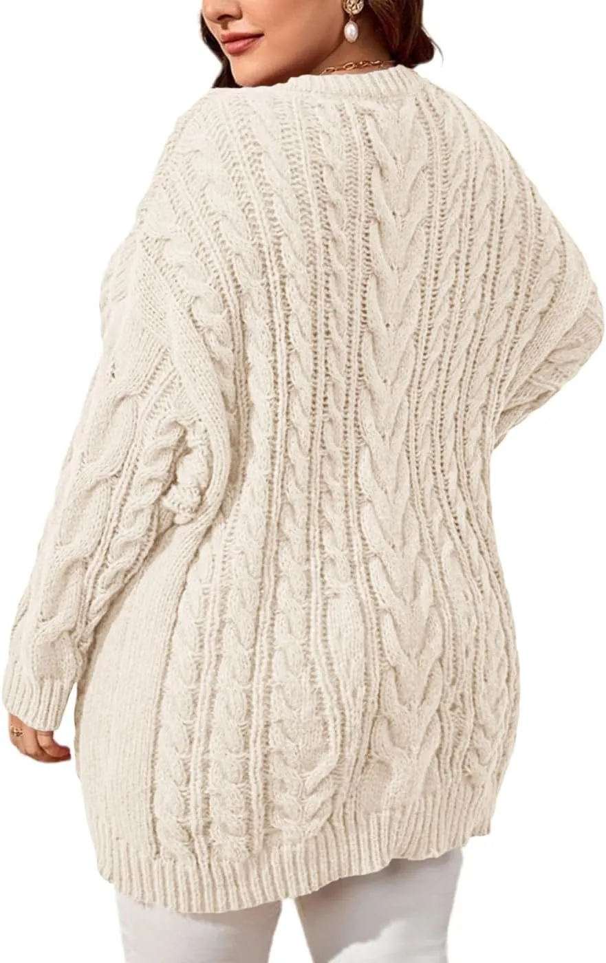 Dyexces Plus Size Sweaters for Women V Neck Long Sleeve Cable Knit Sweaters Casual Fall Sweaters Soft Jumper Tops