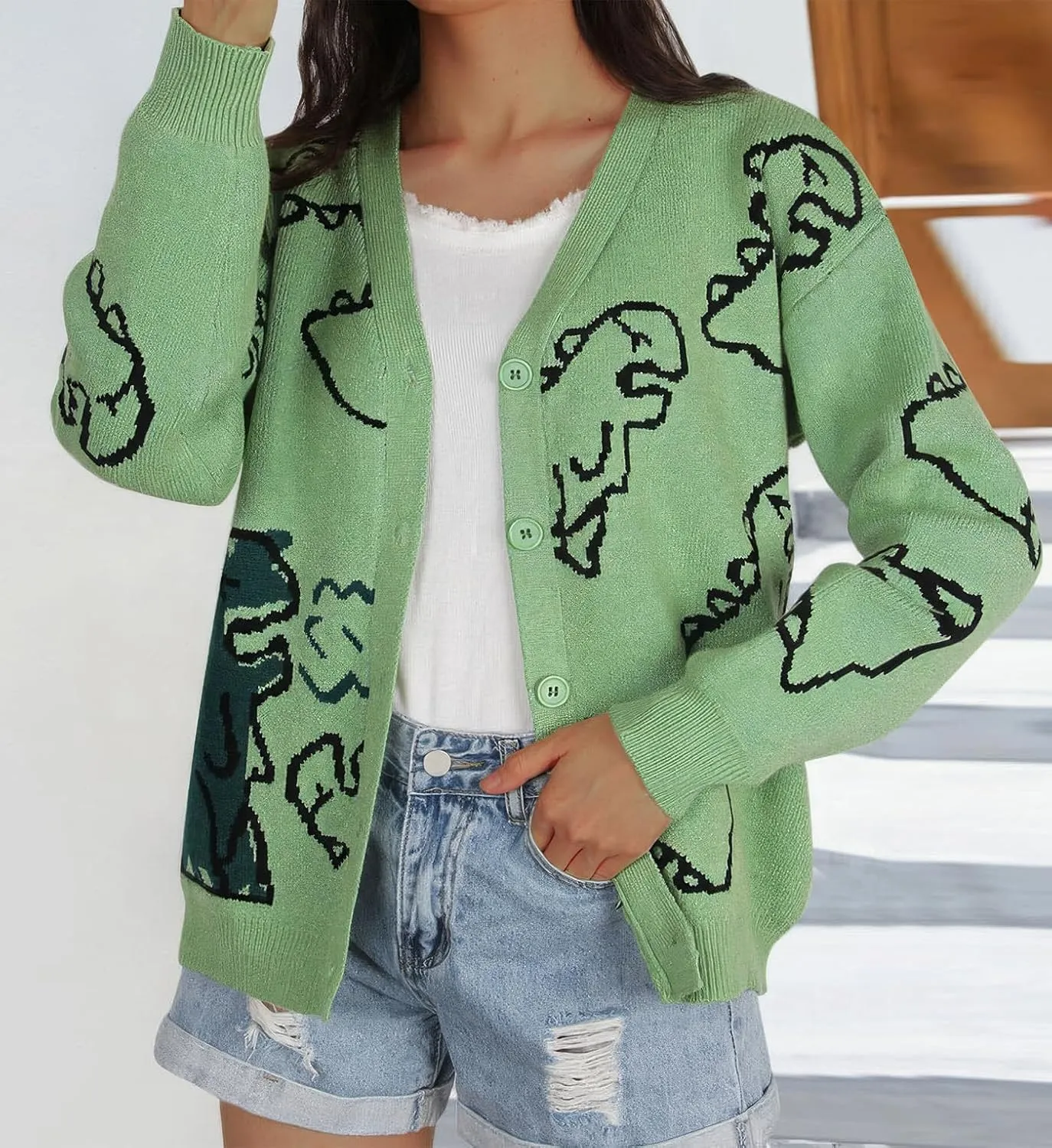 ebossy Women's Cartoon Dinosaur Button Cardigans Cute Slouchy Jacquard Knit Long Sleeve Open Sweater Coat
