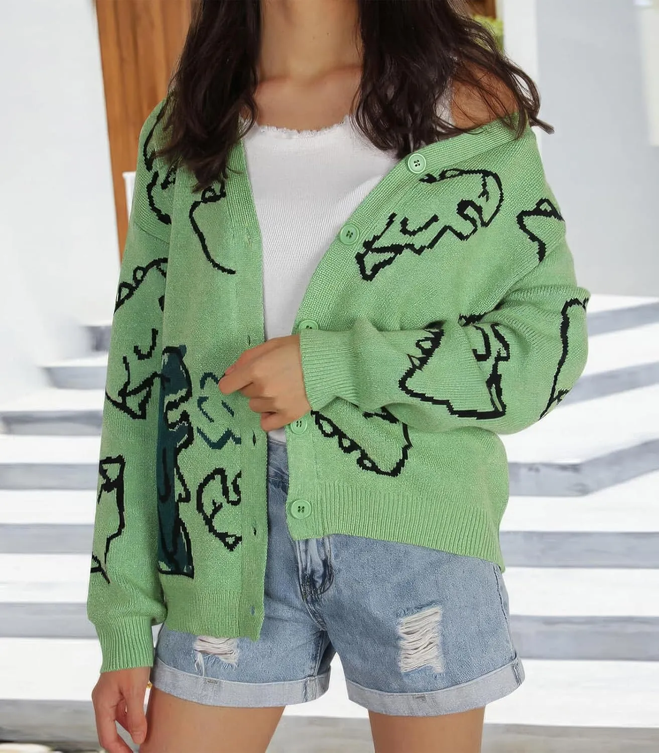 ebossy Women's Cartoon Dinosaur Button Cardigans Cute Slouchy Jacquard Knit Long Sleeve Open Sweater Coat