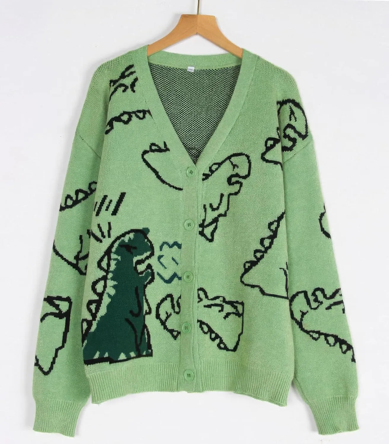 ebossy Women's Cartoon Dinosaur Button Cardigans Cute Slouchy Jacquard Knit Long Sleeve Open Sweater Coat