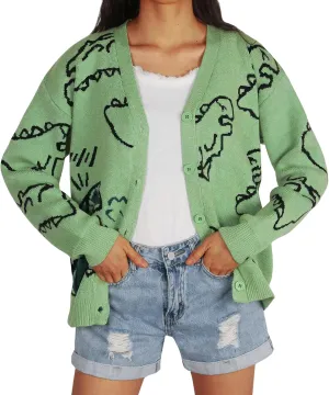 ebossy Women's Cartoon Dinosaur Button Cardigans Cute Slouchy Jacquard Knit Long Sleeve Open Sweater Coat