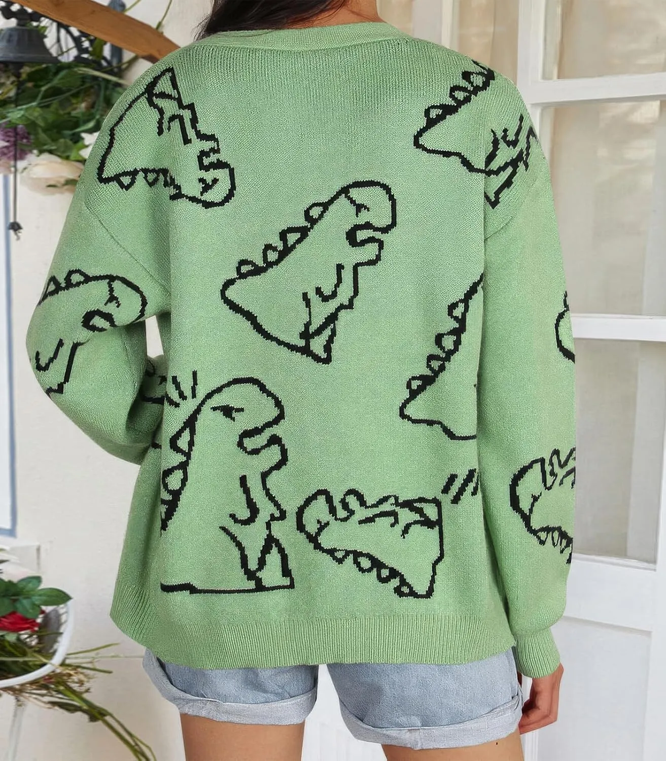 ebossy Women's Cartoon Dinosaur Button Cardigans Cute Slouchy Jacquard Knit Long Sleeve Open Sweater Coat