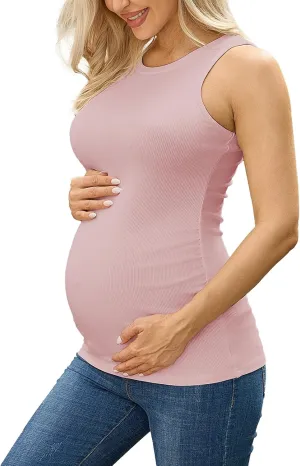 Ecavus Women's Maternity Tank Top Ribbed Basic Tops with Side Ruched Sleeveless Pregnancy Shirt Vest