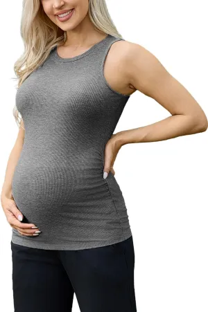 Ecavus Women's Maternity Tank Top Ribbed Basic Tops with Side Ruched Sleeveless Pregnancy Shirt Vest