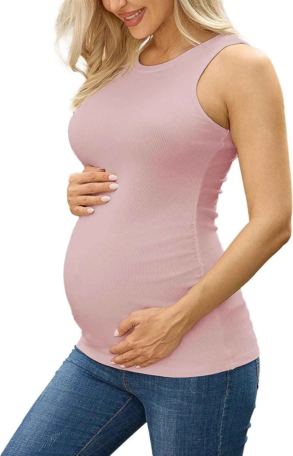 Ecavus Women's Maternity Tank Top Ribbed Basic Tops with Side Ruched Sleeveless Pregnancy Shirt Vest