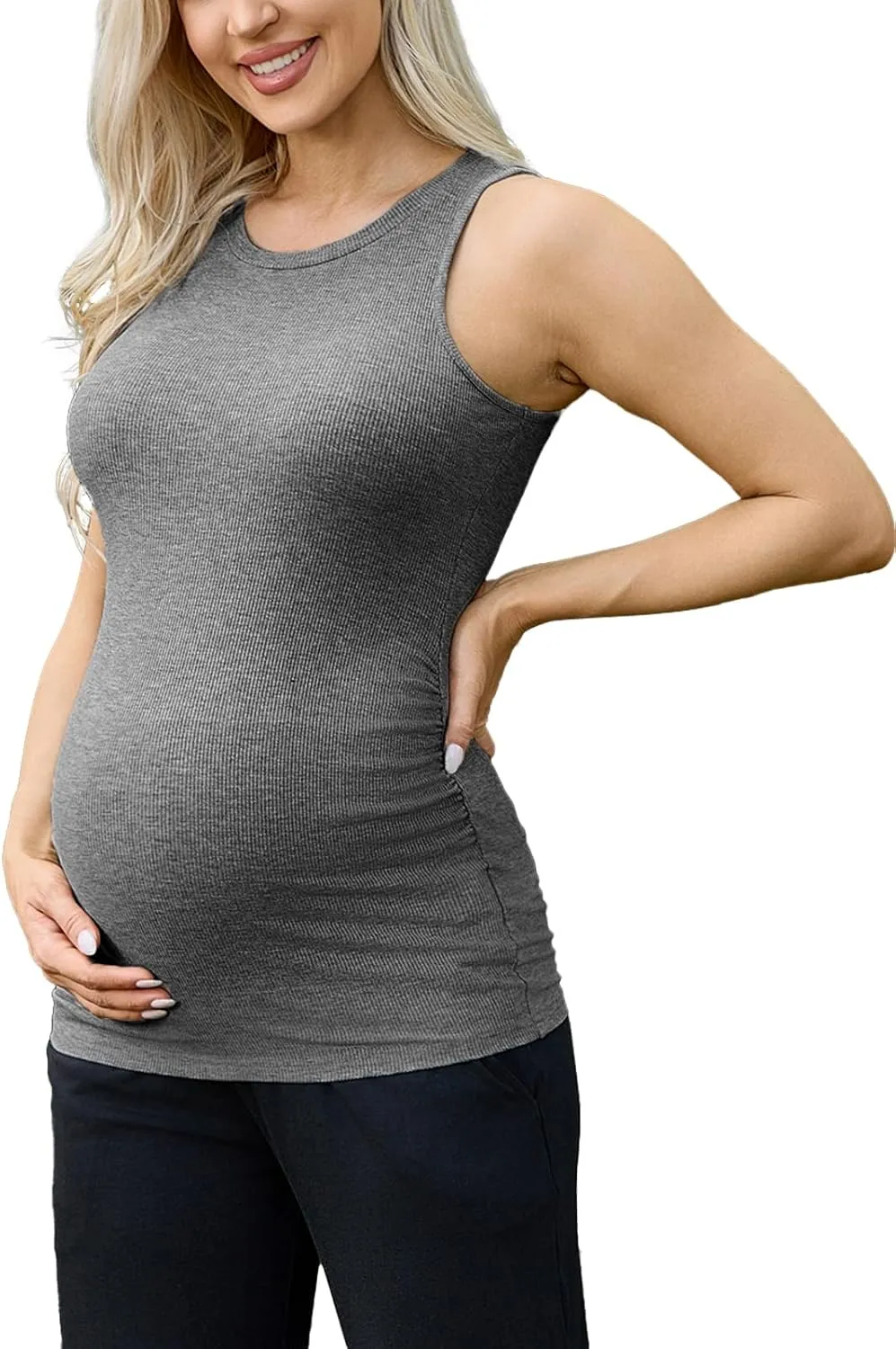 Ecavus Women's Maternity Tank Top Ribbed Basic Tops with Side Ruched Sleeveless Pregnancy Shirt Vest