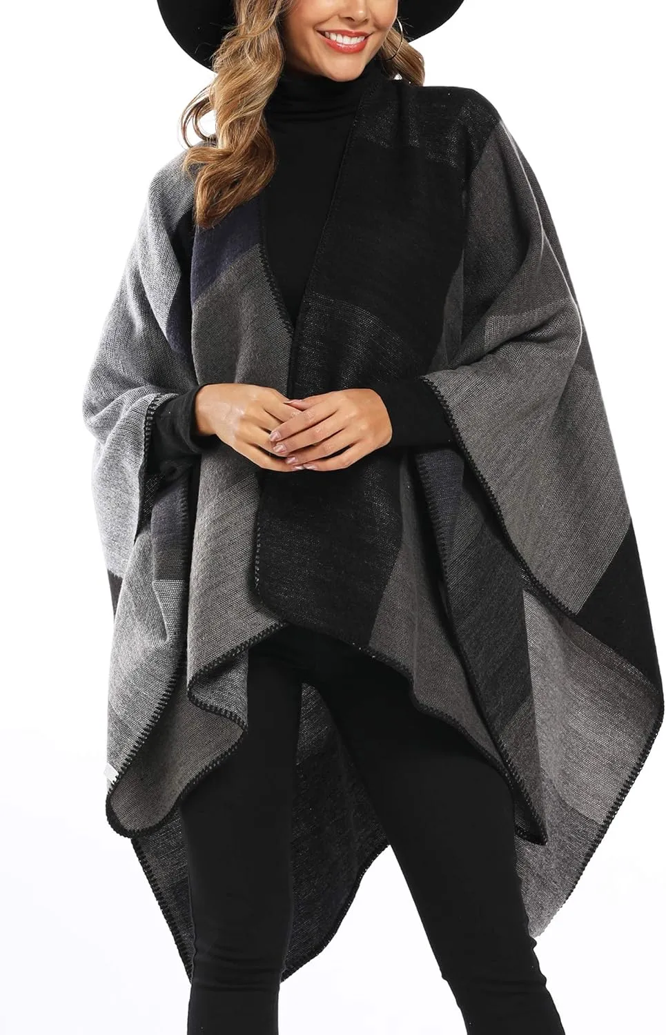 Epsion Women's Color Block Shawl Wrap Plus Size Cardigan Poncho Cape Open Front Long Winter Sweater Coat