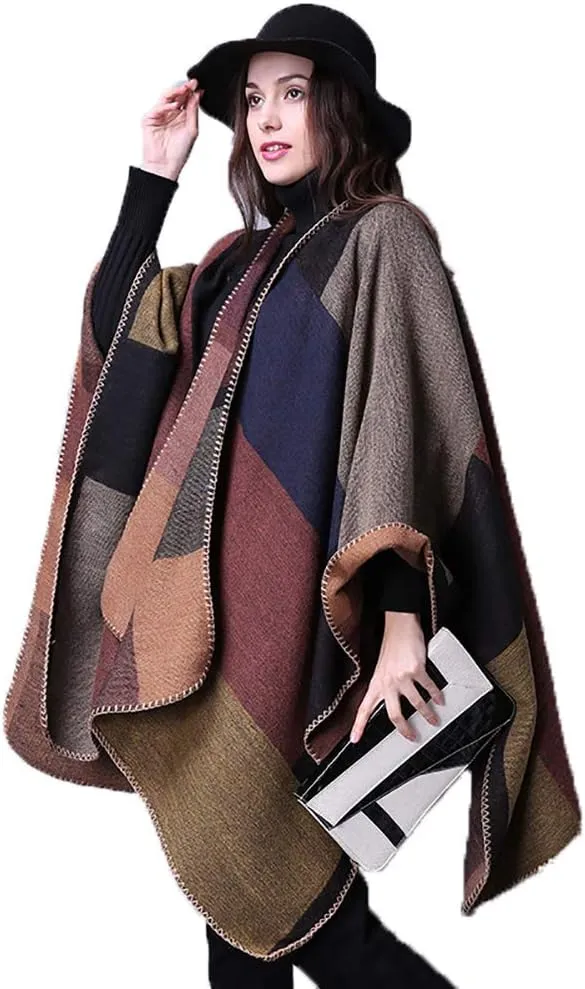 Epsion Women's Color Block Shawl Wrap Plus Size Cardigan Poncho Cape Open Front Long Winter Sweater Coat