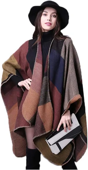 Epsion Women's Color Block Shawl Wrap Plus Size Cardigan Poncho Cape Open Front Long Winter Sweater Coat