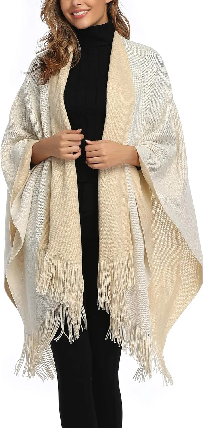 Epsion Women's Color Block Shawl Wrap Plus Size Cardigan Poncho Cape Open Front Long Winter Sweater Coat