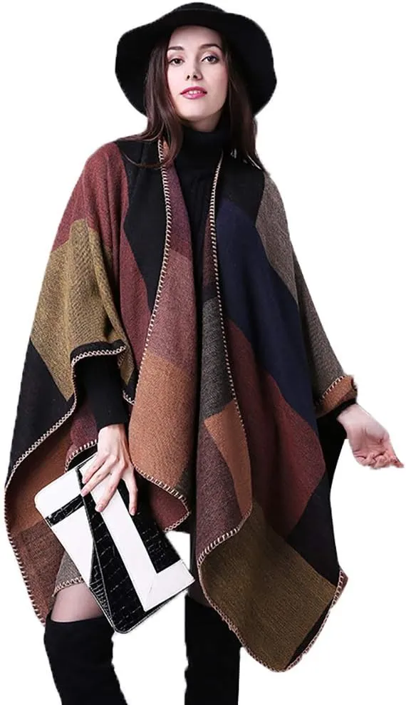Epsion Women's Color Block Shawl Wrap Plus Size Cardigan Poncho Cape Open Front Long Winter Sweater Coat
