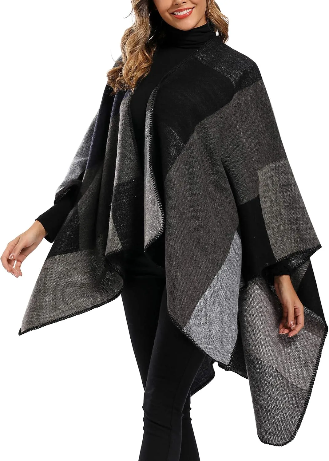 Epsion Women's Color Block Shawl Wrap Plus Size Cardigan Poncho Cape Open Front Long Winter Sweater Coat