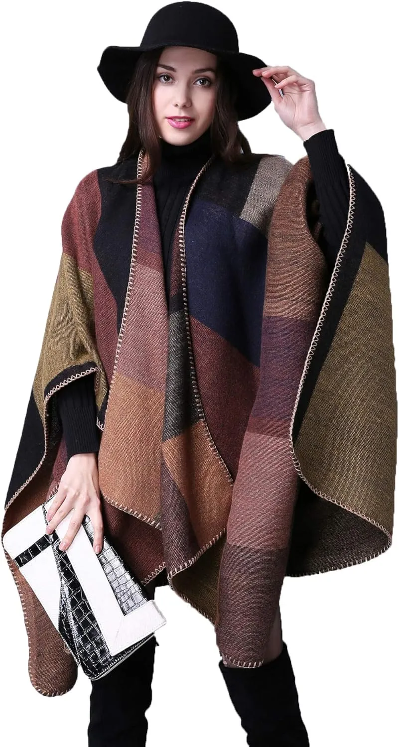 Epsion Women's Color Block Shawl Wrap Plus Size Cardigan Poncho Cape Open Front Long Winter Sweater Coat