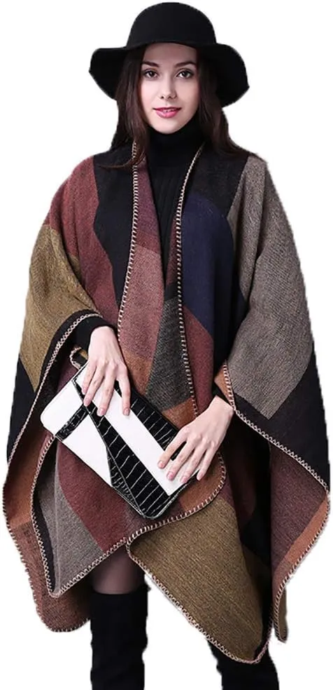 Epsion Women's Color Block Shawl Wrap Plus Size Cardigan Poncho Cape Open Front Long Winter Sweater Coat
