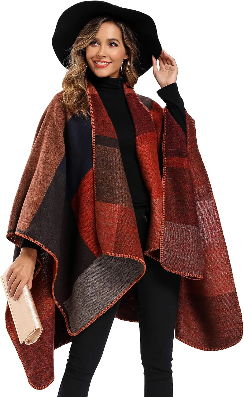 Epsion Women's Color Block Shawl Wrap Plus Size Cardigan Poncho Cape Open Front Long Winter Sweater Coat