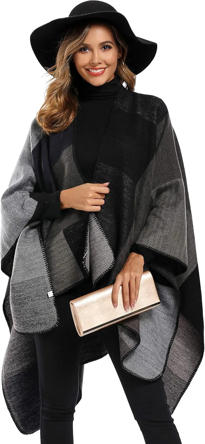 Epsion Women's Color Block Shawl Wrap Plus Size Cardigan Poncho Cape Open Front Long Winter Sweater Coat