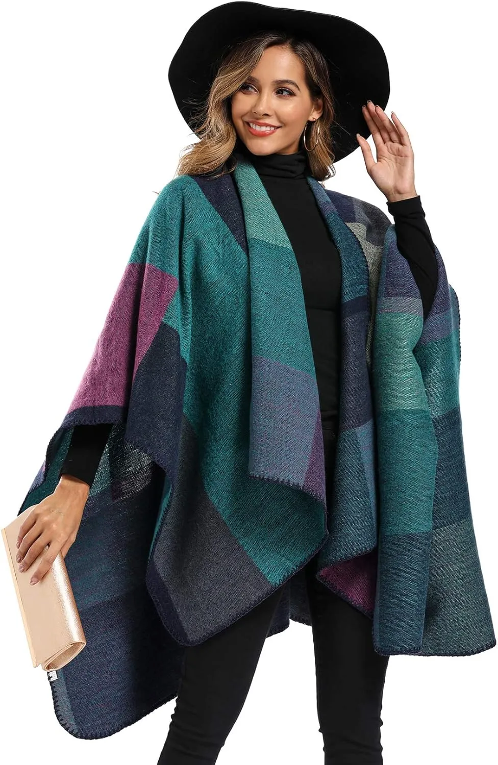 Epsion Women's Color Block Shawl Wrap Plus Size Cardigan Poncho Cape Open Front Long Winter Sweater Coat