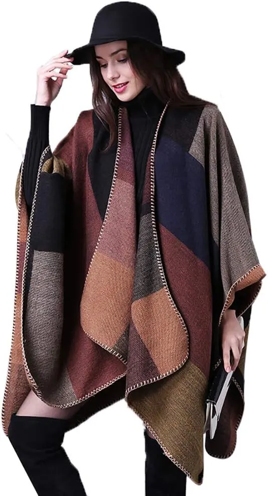 Epsion Women's Color Block Shawl Wrap Plus Size Cardigan Poncho Cape Open Front Long Winter Sweater Coat