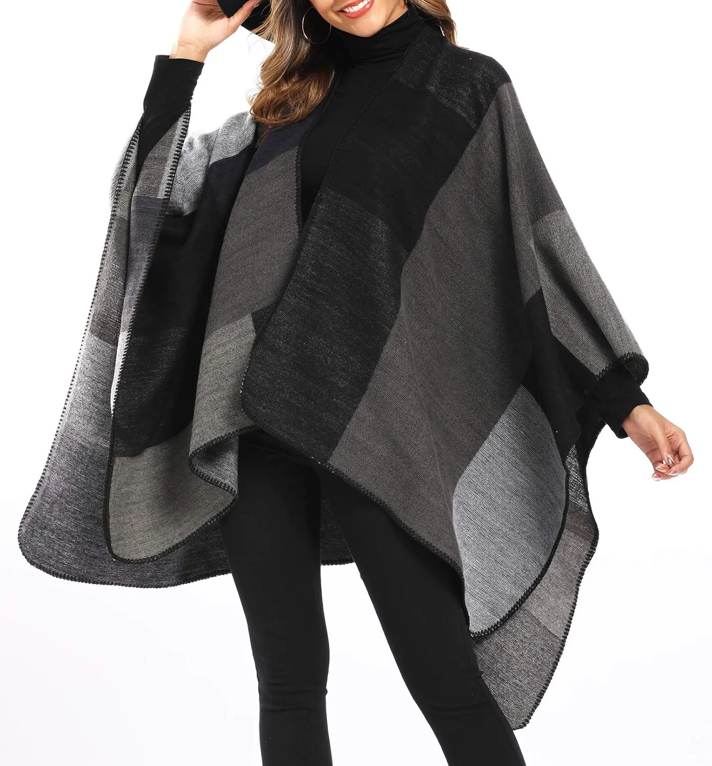 Epsion Women's Color Block Shawl Wrap Plus Size Cardigan Poncho Cape Open Front Long Winter Sweater Coat