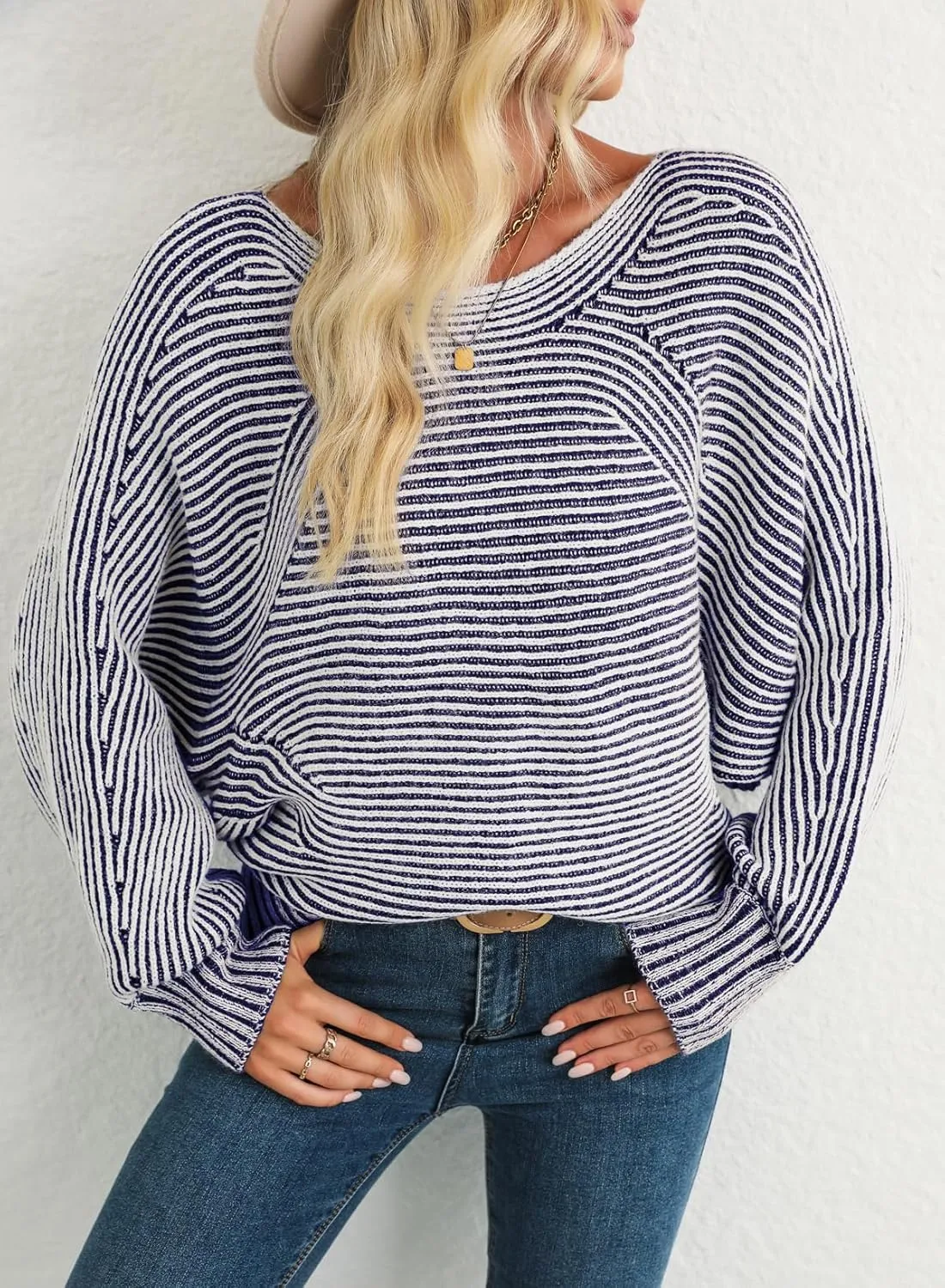 EVALESS Striped Sweaters for Women Boat Neck Batwing Sleeve Oversized Pullover Sweater Tops Womens Fall Clothes Outfits