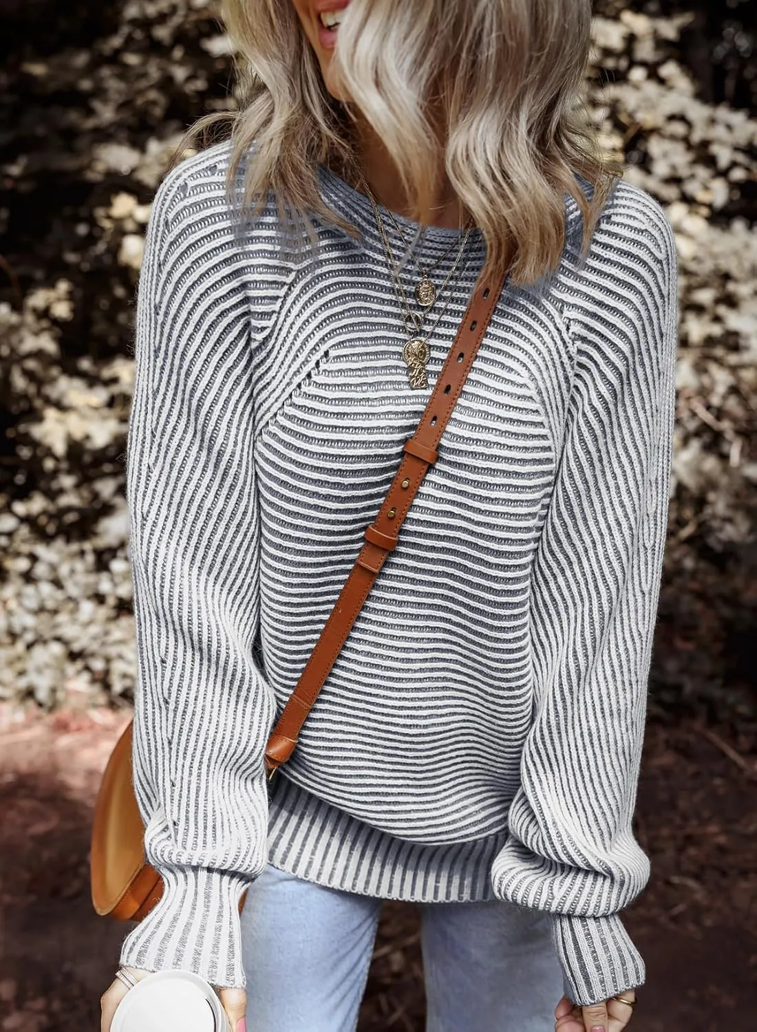 EVALESS Striped Sweaters for Women Boat Neck Batwing Sleeve Oversized Pullover Sweater Tops Womens Fall Clothes Outfits