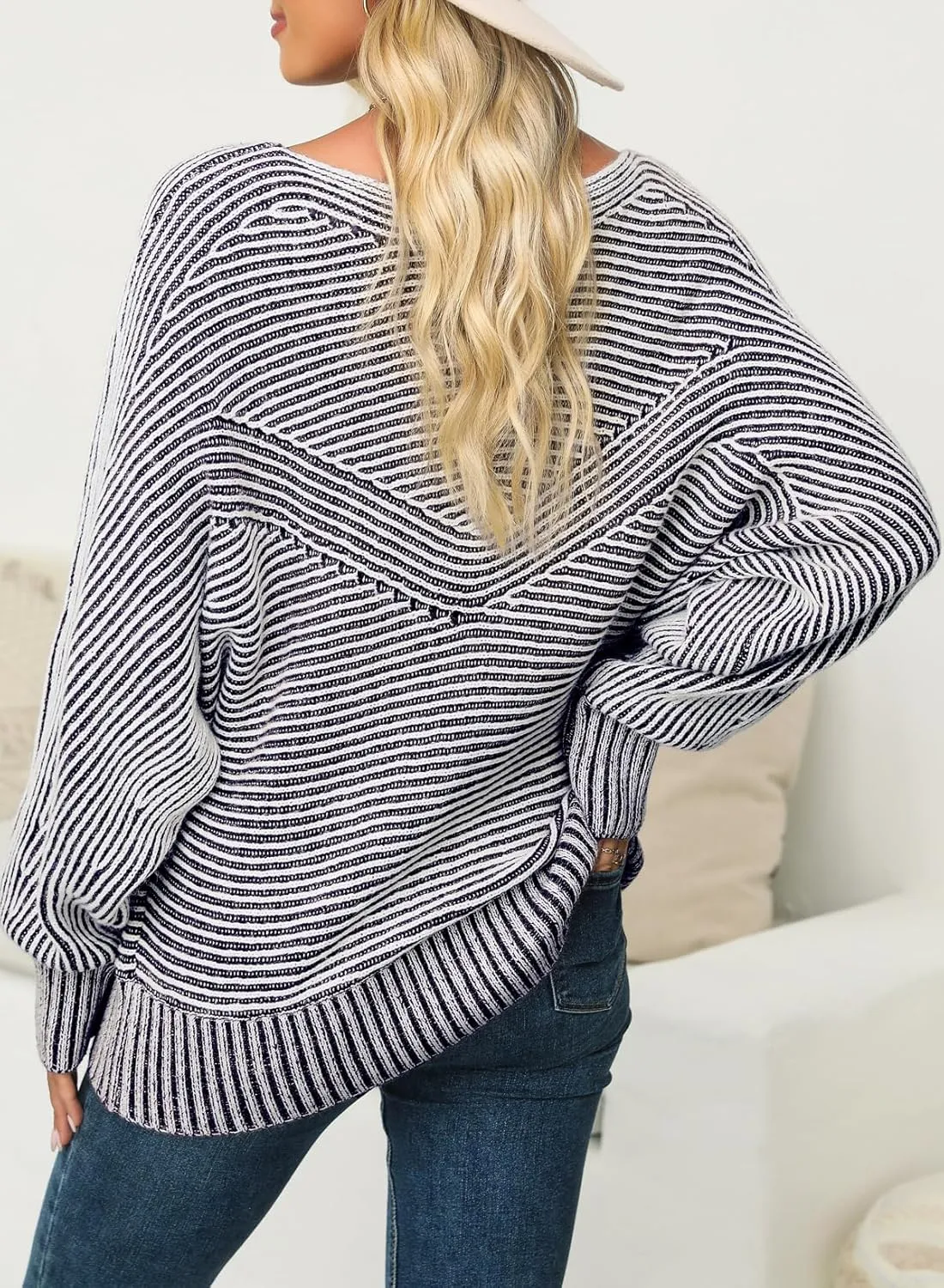 EVALESS Striped Sweaters for Women Boat Neck Batwing Sleeve Oversized Pullover Sweater Tops Womens Fall Clothes Outfits