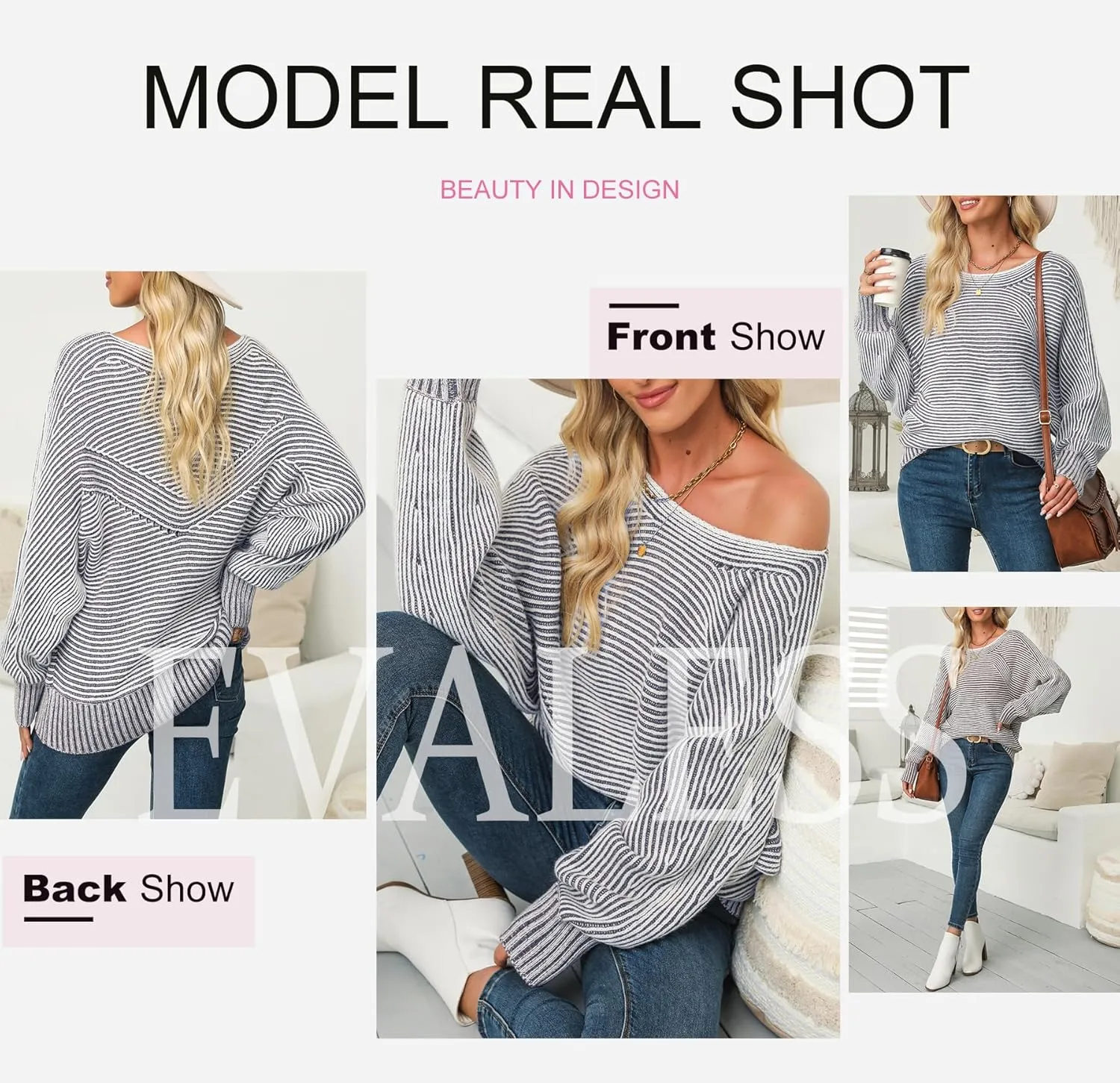 EVALESS Striped Sweaters for Women Boat Neck Batwing Sleeve Oversized Pullover Sweater Tops Womens Fall Clothes Outfits