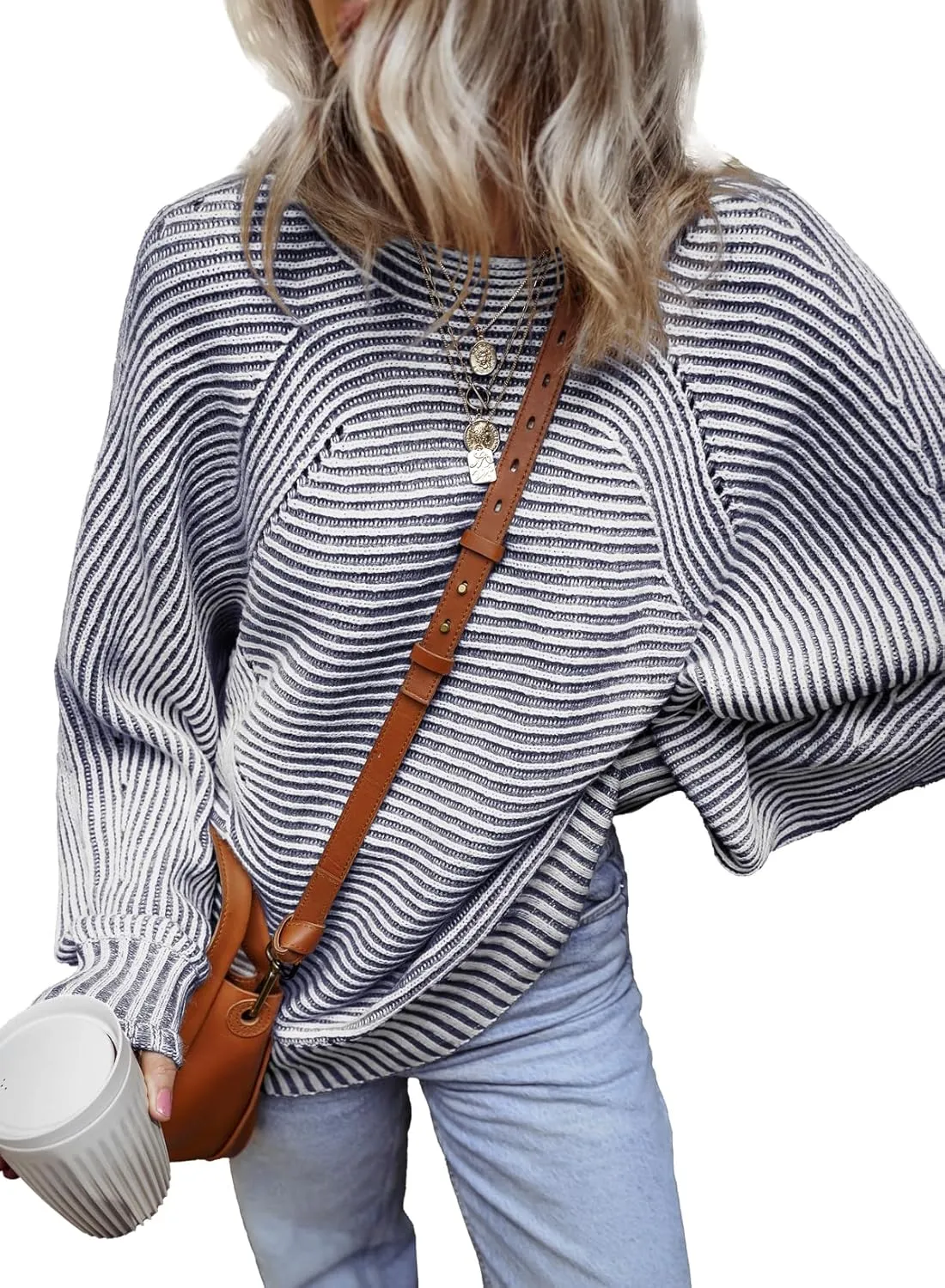 EVALESS Striped Sweaters for Women Boat Neck Batwing Sleeve Oversized Pullover Sweater Tops Womens Fall Clothes Outfits