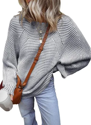 EVALESS Striped Sweaters for Women Boat Neck Batwing Sleeve Oversized Pullover Sweater Tops Womens Fall Clothes Outfits