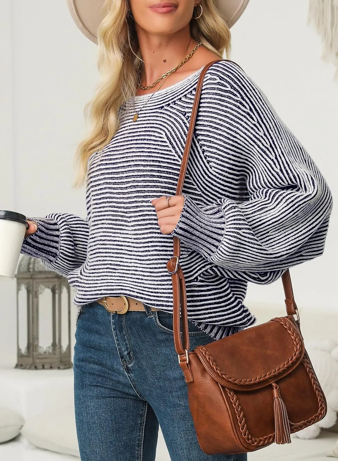 EVALESS Striped Sweaters for Women Boat Neck Batwing Sleeve Oversized Pullover Sweater Tops Womens Fall Clothes Outfits