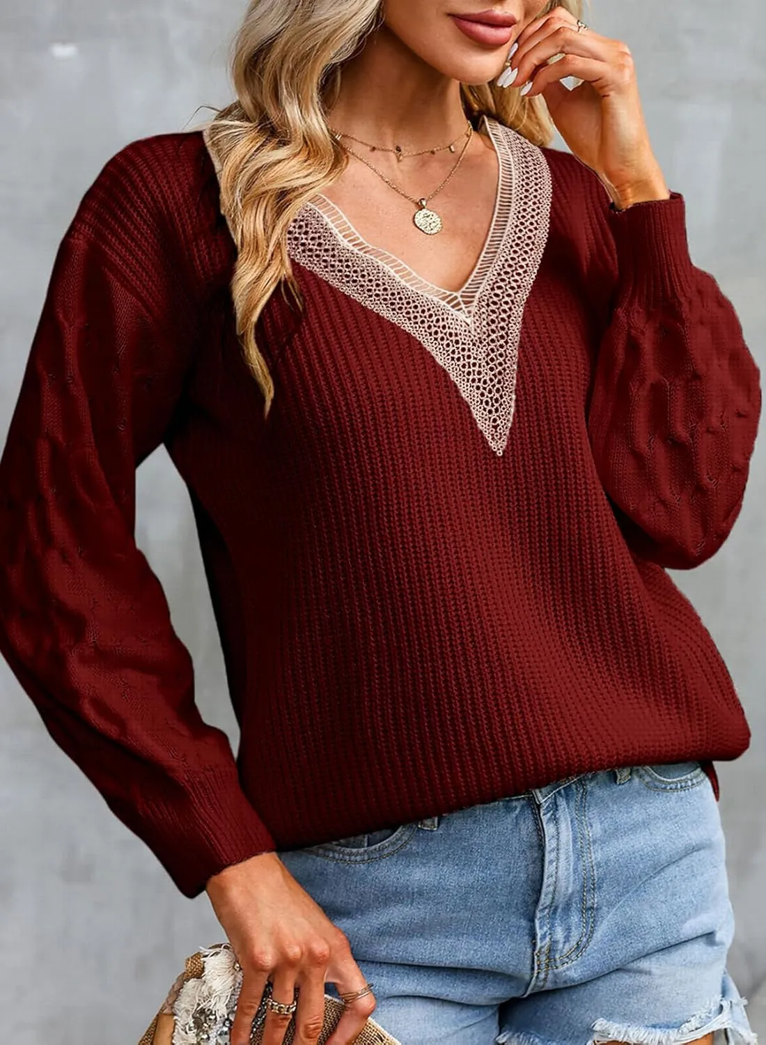 EVALESS Womens Long Sleeve Sweaters Fall 2024 Trendy Sexy Lace V Neck Knit Drop Shoulder Pullover Sweater Jumper Tops