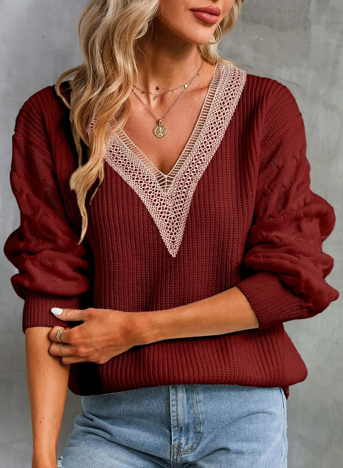 EVALESS Womens Long Sleeve Sweaters Fall 2024 Trendy Sexy Lace V Neck Knit Drop Shoulder Pullover Sweater Jumper Tops