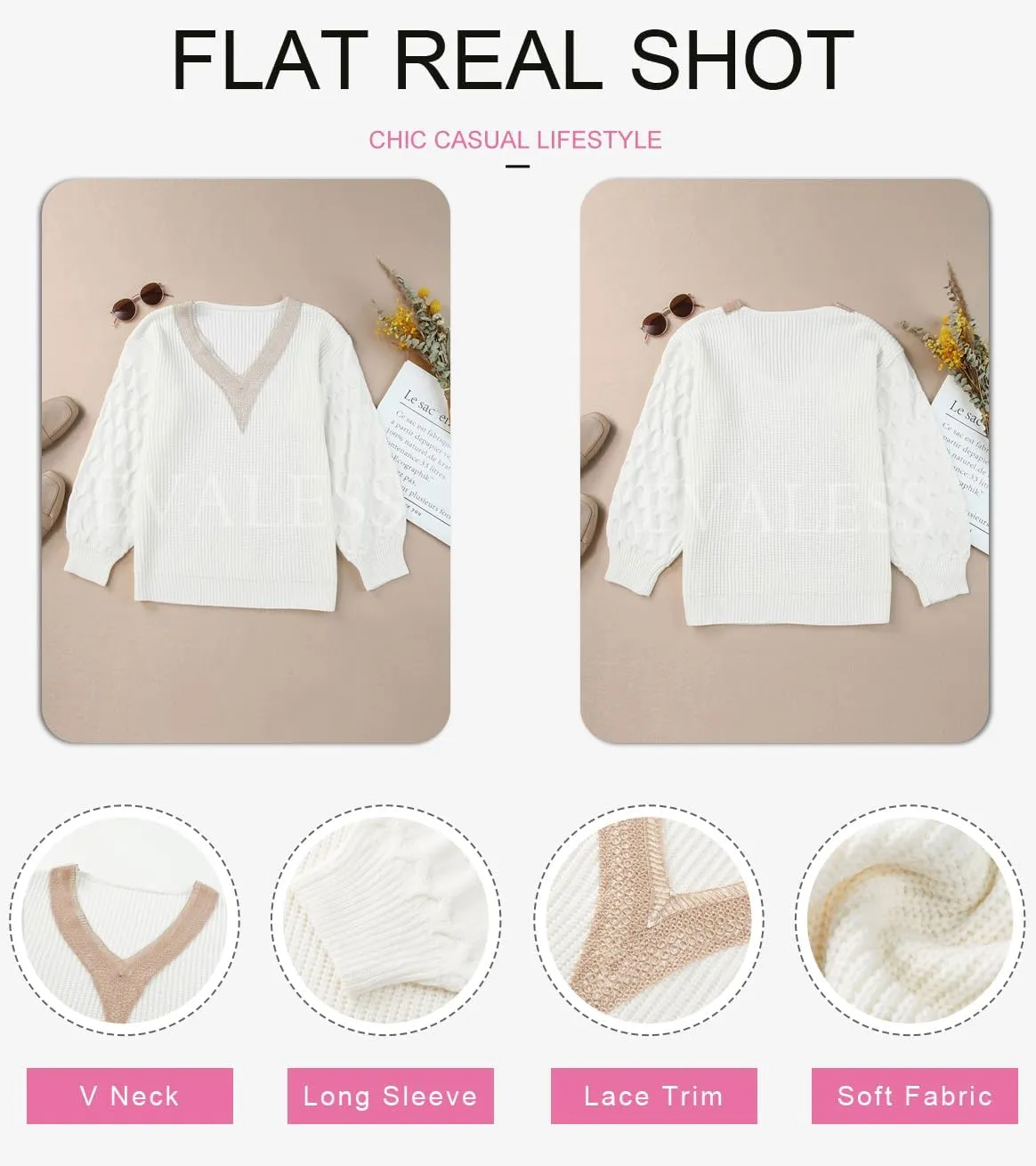 EVALESS Womens Long Sleeve Sweaters Fall 2024 Trendy Sexy Lace V Neck Knit Drop Shoulder Pullover Sweater Jumper Tops