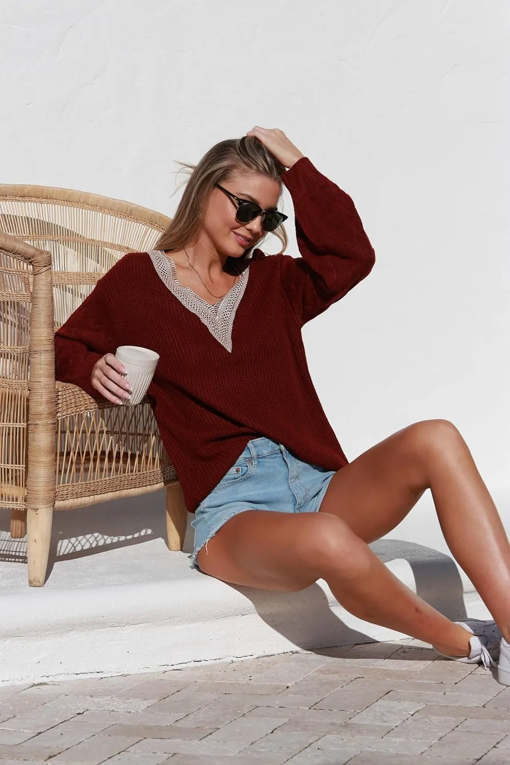 EVALESS Womens Long Sleeve Sweaters Fall 2024 Trendy Sexy Lace V Neck Knit Drop Shoulder Pullover Sweater Jumper Tops