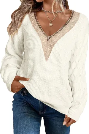 EVALESS Womens Long Sleeve Sweaters Fall 2024 Trendy Sexy Lace V Neck Knit Drop Shoulder Pullover Sweater Jumper Tops