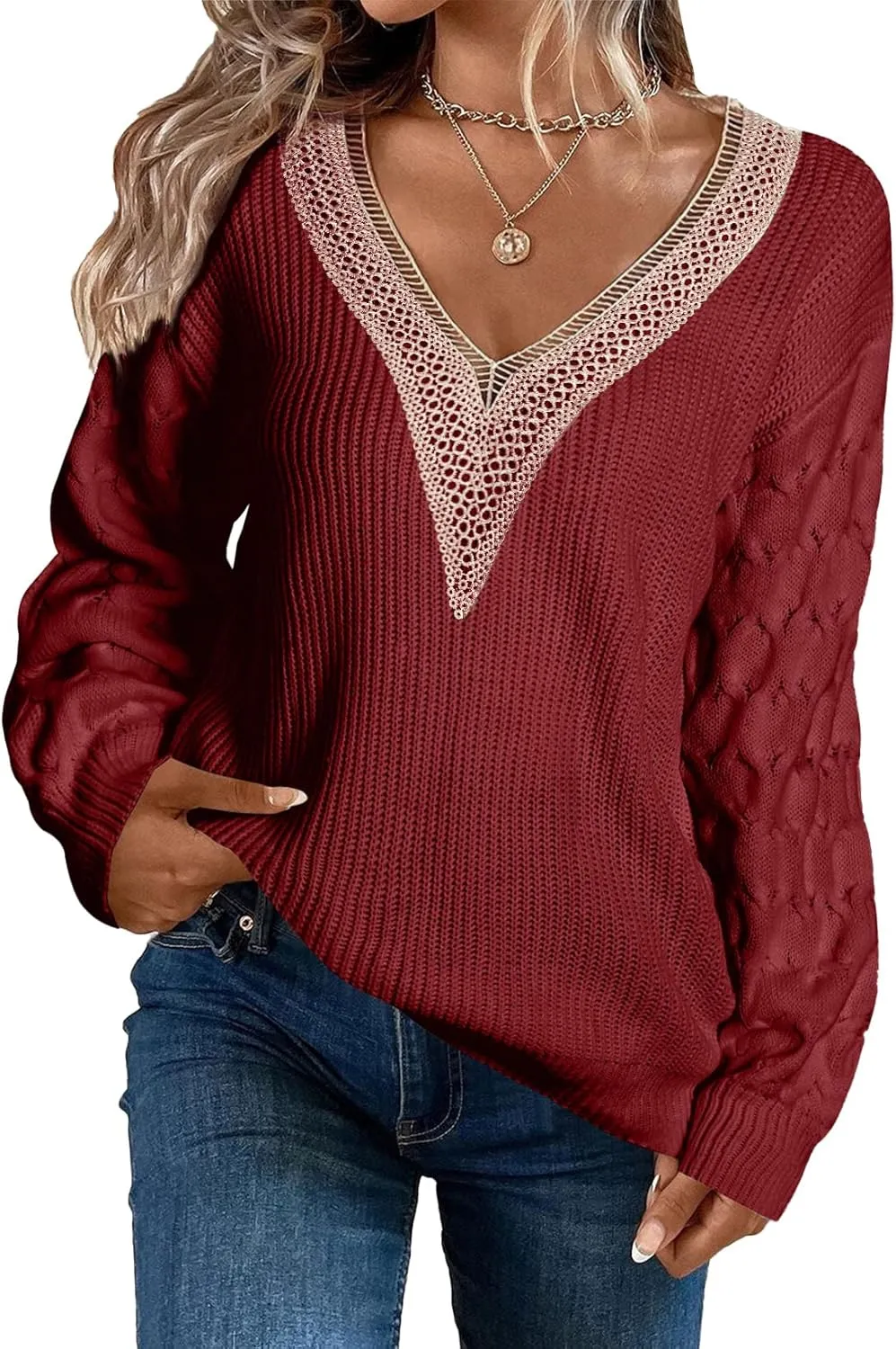 EVALESS Womens Long Sleeve Sweaters Fall 2024 Trendy Sexy Lace V Neck Knit Drop Shoulder Pullover Sweater Jumper Tops