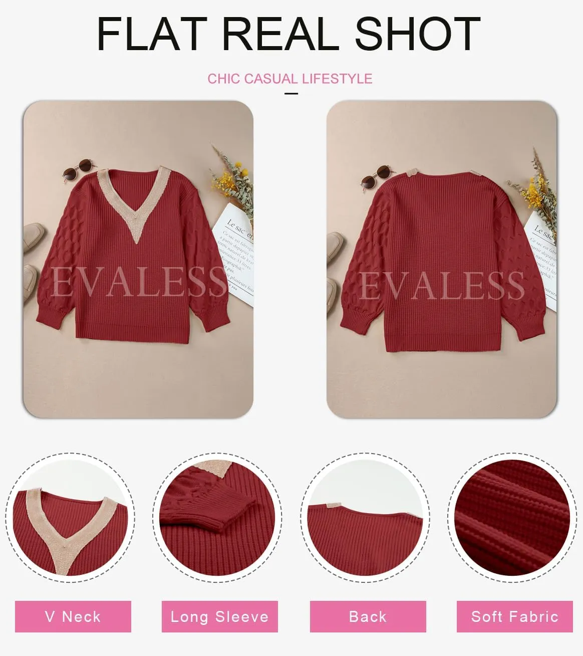 EVALESS Womens Long Sleeve Sweaters Fall 2024 Trendy Sexy Lace V Neck Knit Drop Shoulder Pullover Sweater Jumper Tops