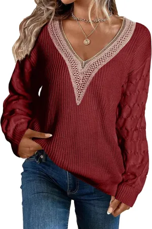EVALESS Womens Long Sleeve Sweaters Fall 2024 Trendy Sexy Lace V Neck Knit Drop Shoulder Pullover Sweater Jumper Tops