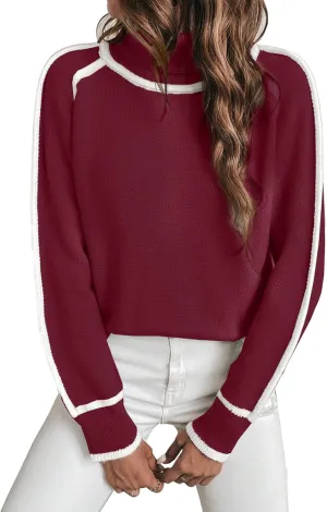 EVALESS Womens Long Sleeve Turtleneck Pullover Sweaters Casual Loose Color Block Cozy Knit Tops