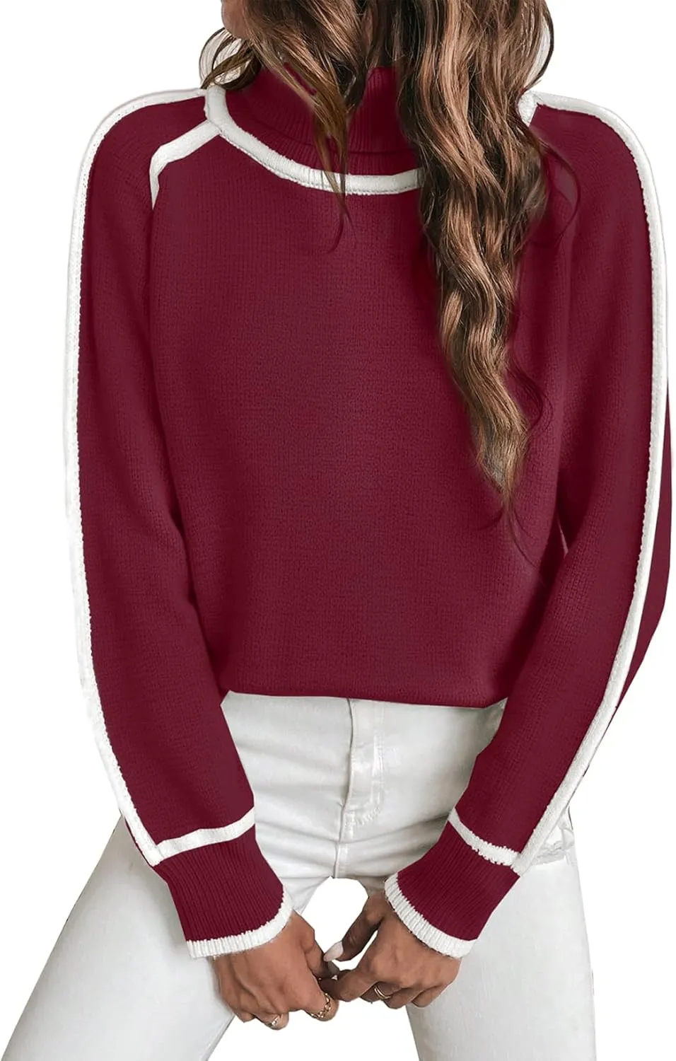 EVALESS Womens Long Sleeve Turtleneck Pullover Sweaters Casual Loose Color Block Cozy Knit Tops