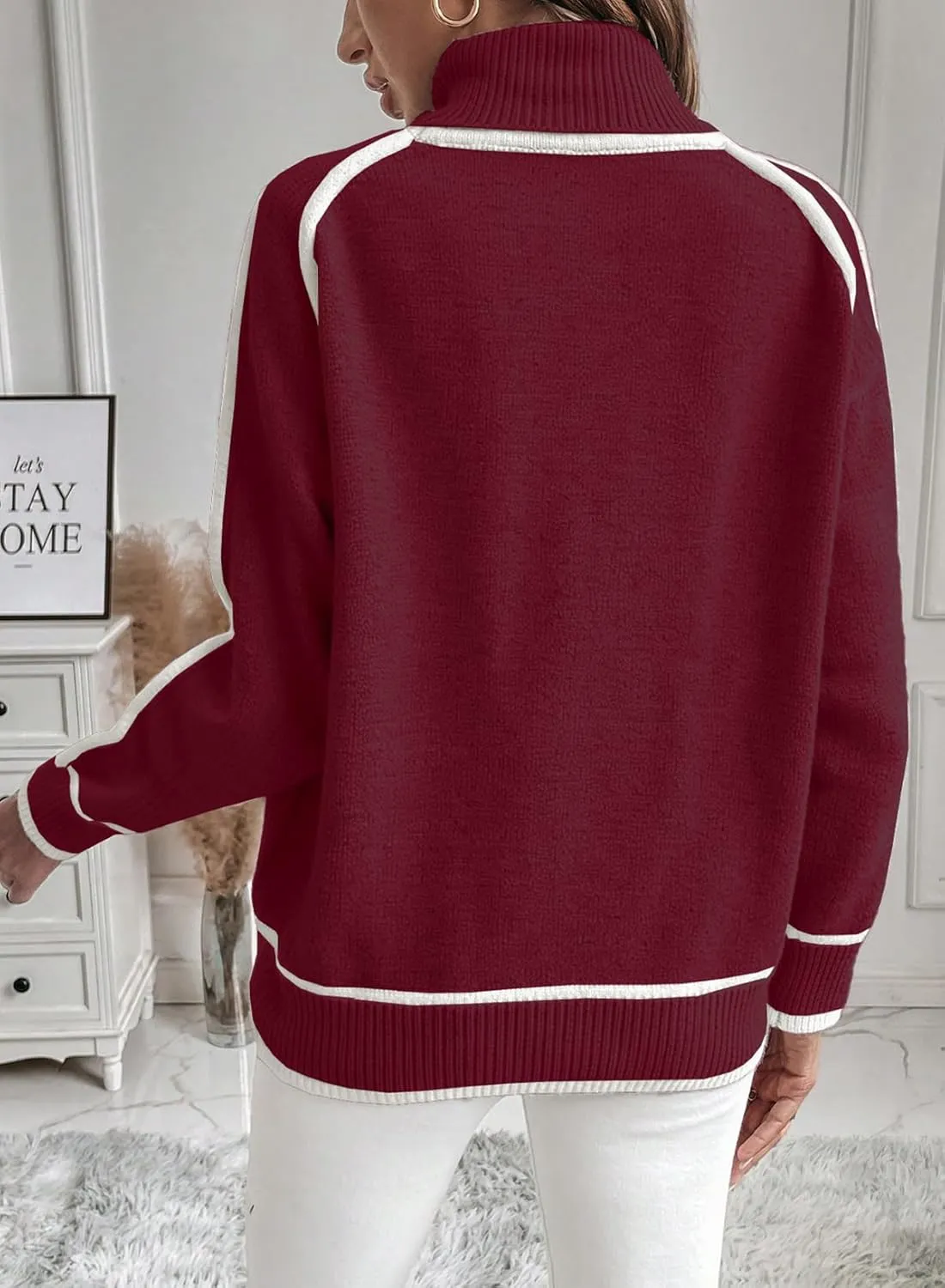 EVALESS Womens Long Sleeve Turtleneck Pullover Sweaters Casual Loose Color Block Cozy Knit Tops