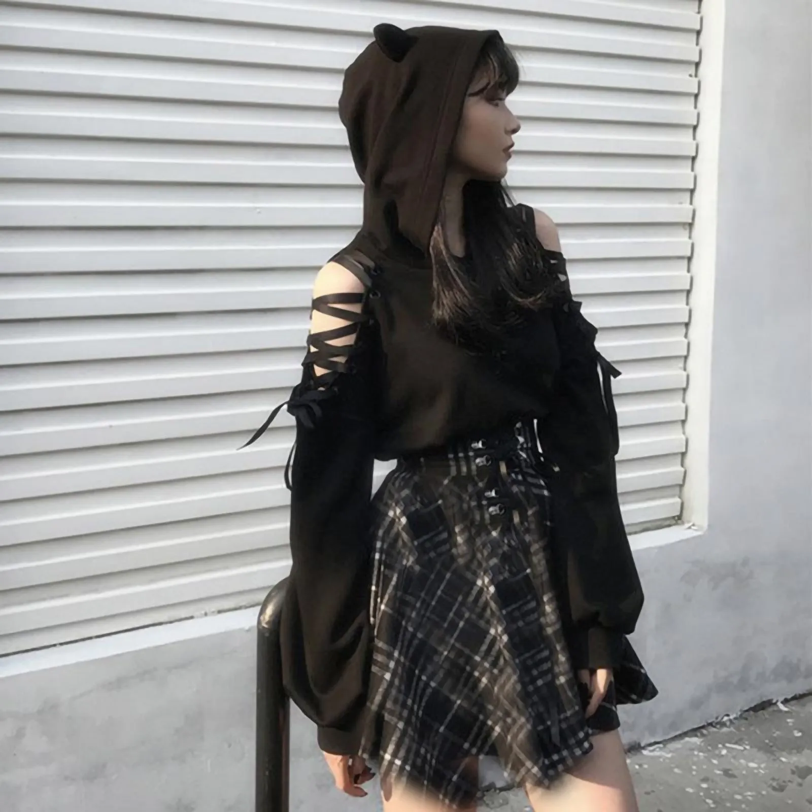 FashionSierra - Harajuku Hollow Out Lace Up Long Sleeve Cute Cat Ear Hoodies