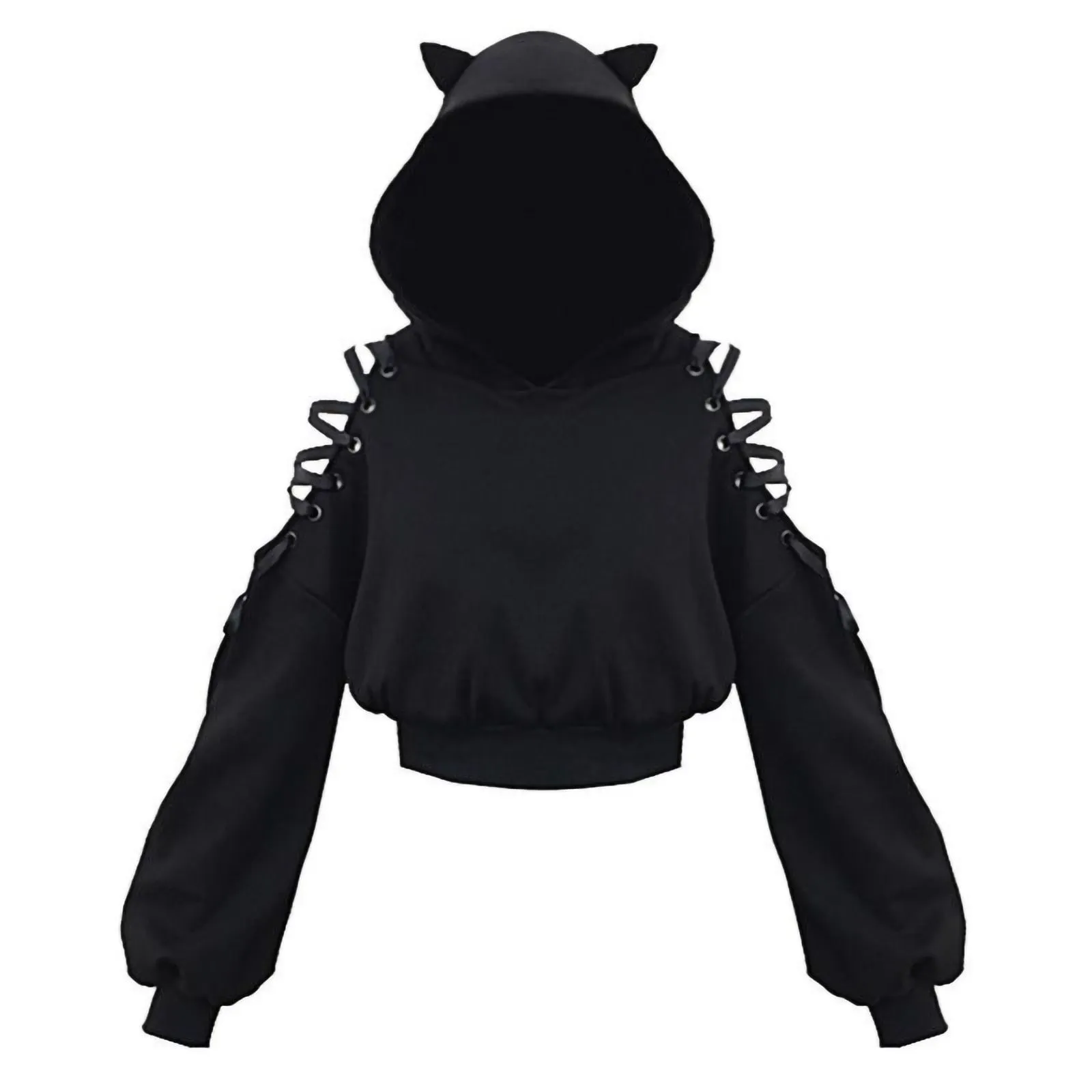 FashionSierra - Harajuku Hollow Out Lace Up Long Sleeve Cute Cat Ear Hoodies