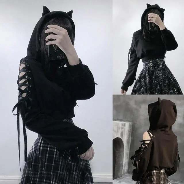 FashionSierra - Harajuku Hollow Out Lace Up Long Sleeve Cute Cat Ear Hoodies