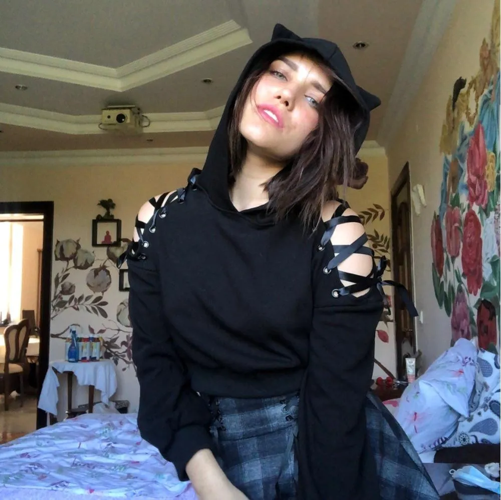 FashionSierra - Harajuku Hollow Out Lace Up Long Sleeve Cute Cat Ear Hoodies
