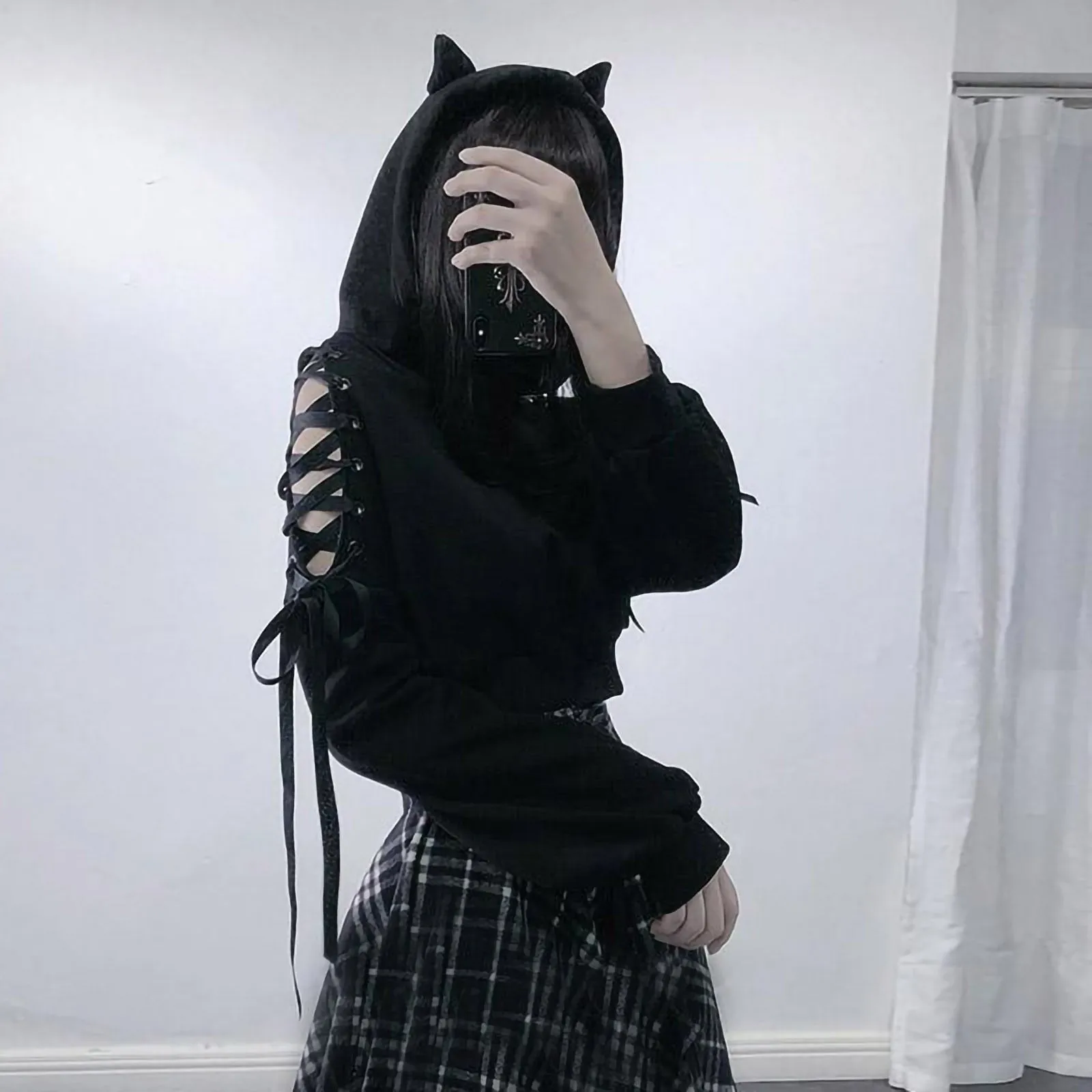 FashionSierra - Harajuku Hollow Out Lace Up Long Sleeve Cute Cat Ear Hoodies