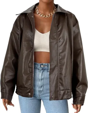 Faux Leather Jacket Women Brown Pleather Bomber Jacket Oversized Leather Blazer Motorcycle Jacket Biker Jacket Winter Coat Brown M